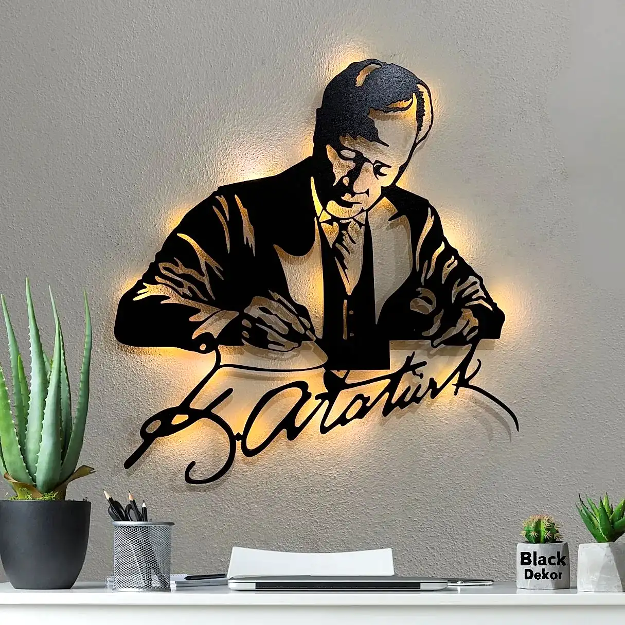 Atatürk İmzalı LED Işıklı Modern Ofis Duvar Tablosu - Görsel 1