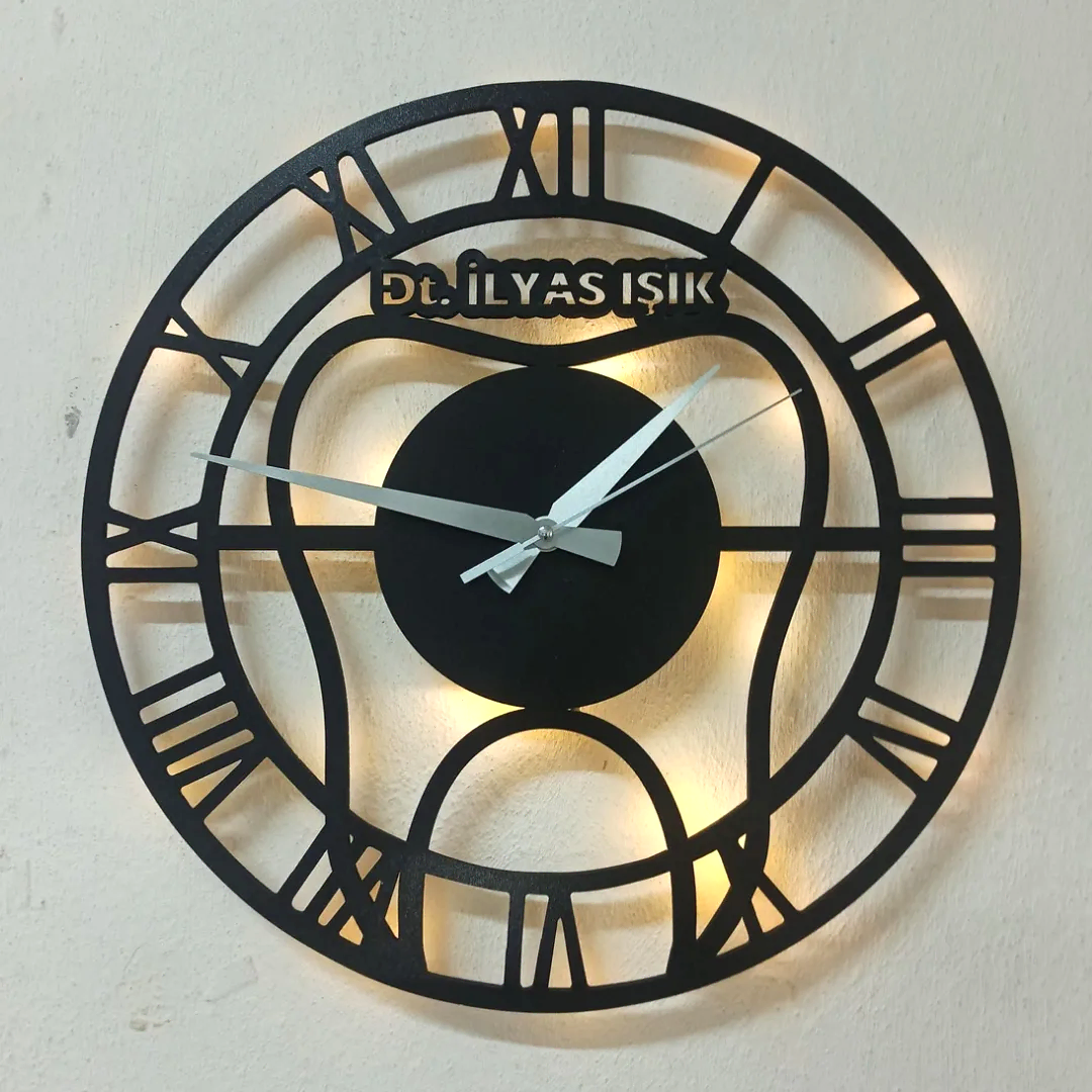 Diş doktorlarına özel isimli LED ışıklı dekoratif duvar saati