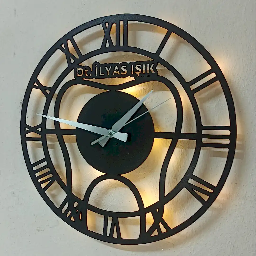 Diş doktorlarına özel isimli LED ışıklı dekoratif duvar saati