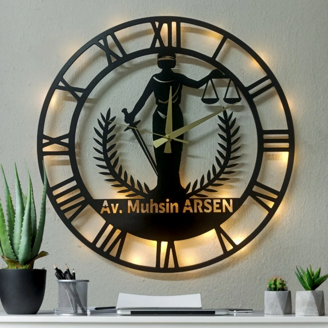 Avukatlara İsim Yazılabilir Işıklı Modern Ofis Duvar Saati - Görsel 3