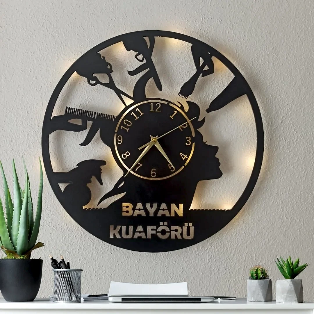 Bayan Kuaförlerine İsim Yazılabilir Şık Işıklı Kuaför Duvar Saati - Görsel 1