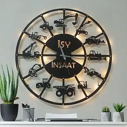 İş makineleri temalı isimli LED ışıklı dekoratif duvar saati
