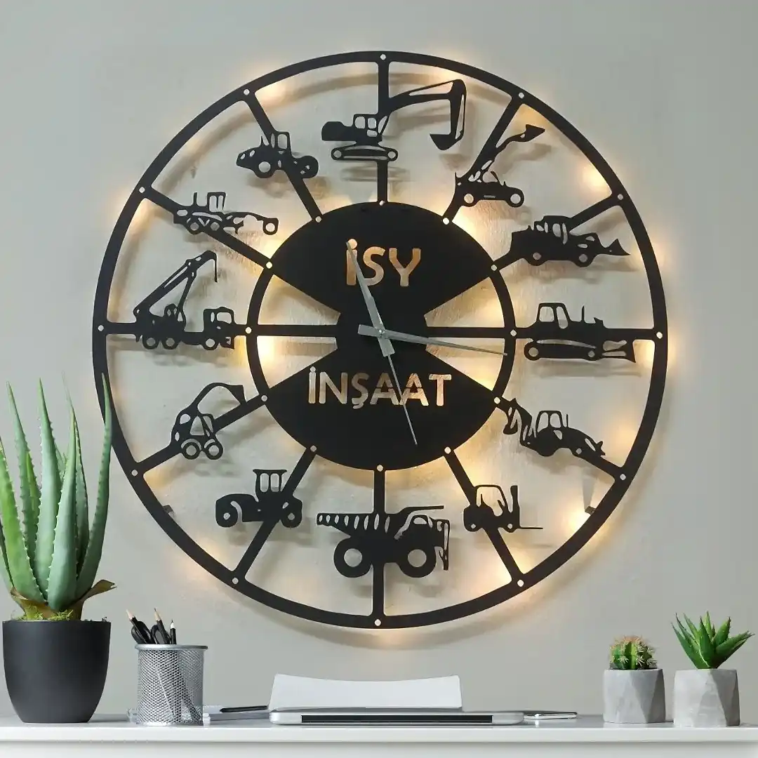 İş makineleri temalı isimli LED ışıklı dekoratif duvar saati