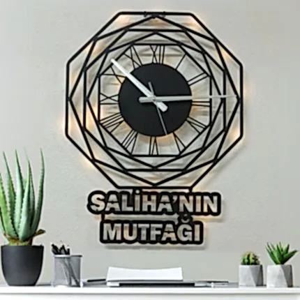 Sekizgen tasarımlı isme özel LED ışıklı dekoratif duvar saati