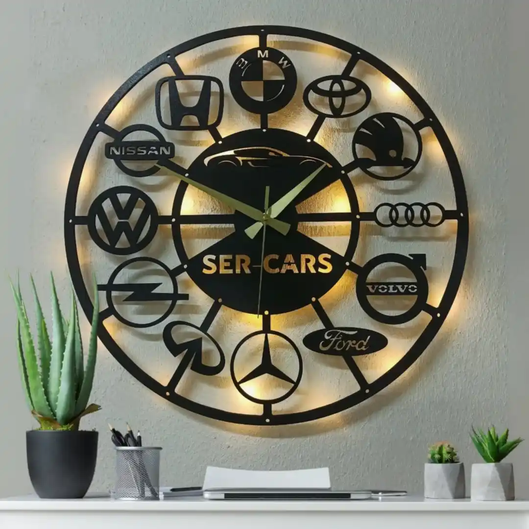 Araba Markaları Tasarımlı İsim Yazılabilir Oto Galeri Duvar Saati - Görsel 1