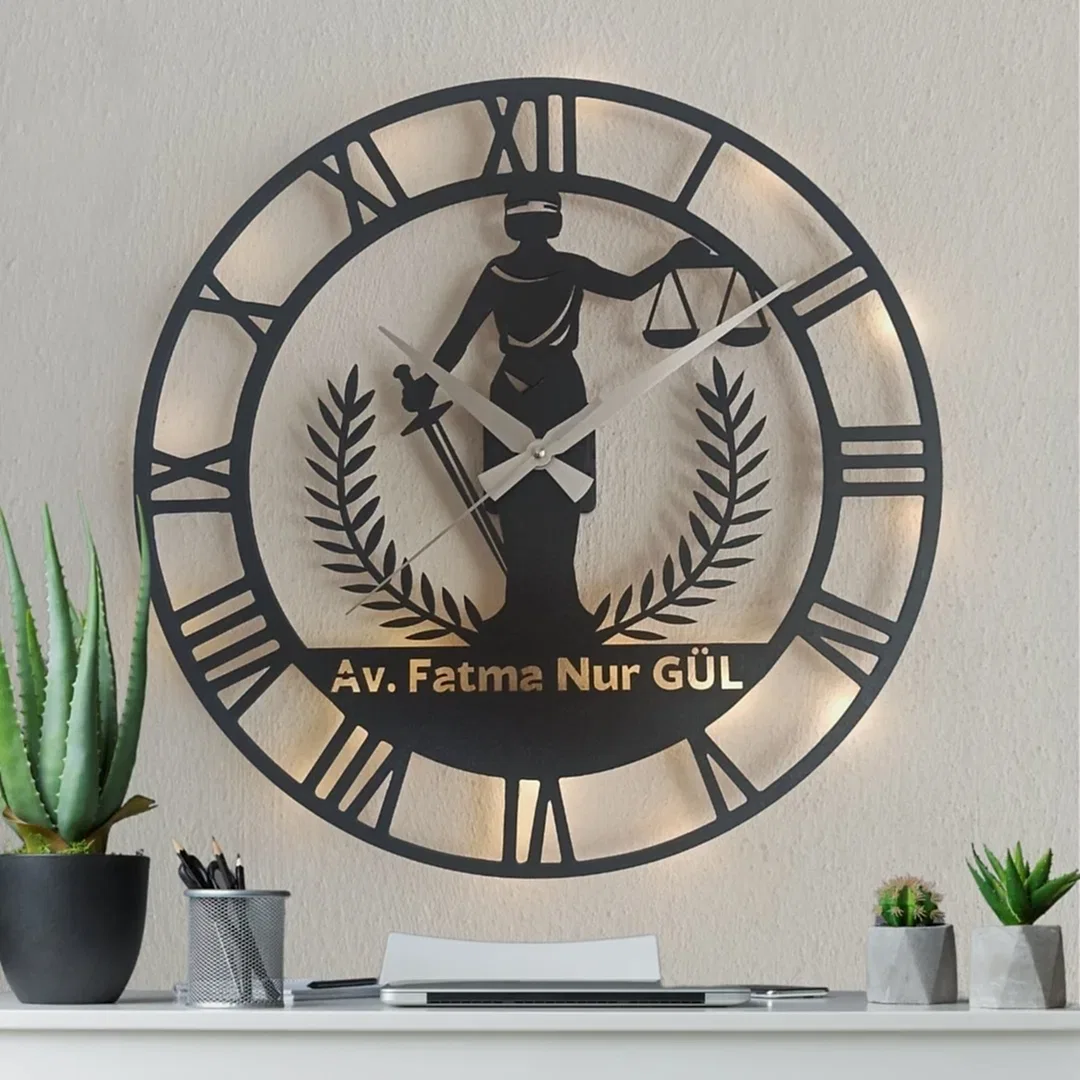 Avukatlara İsim Yazılabilir Işıklı Modern Ofis Duvar Saati - Görsel 2