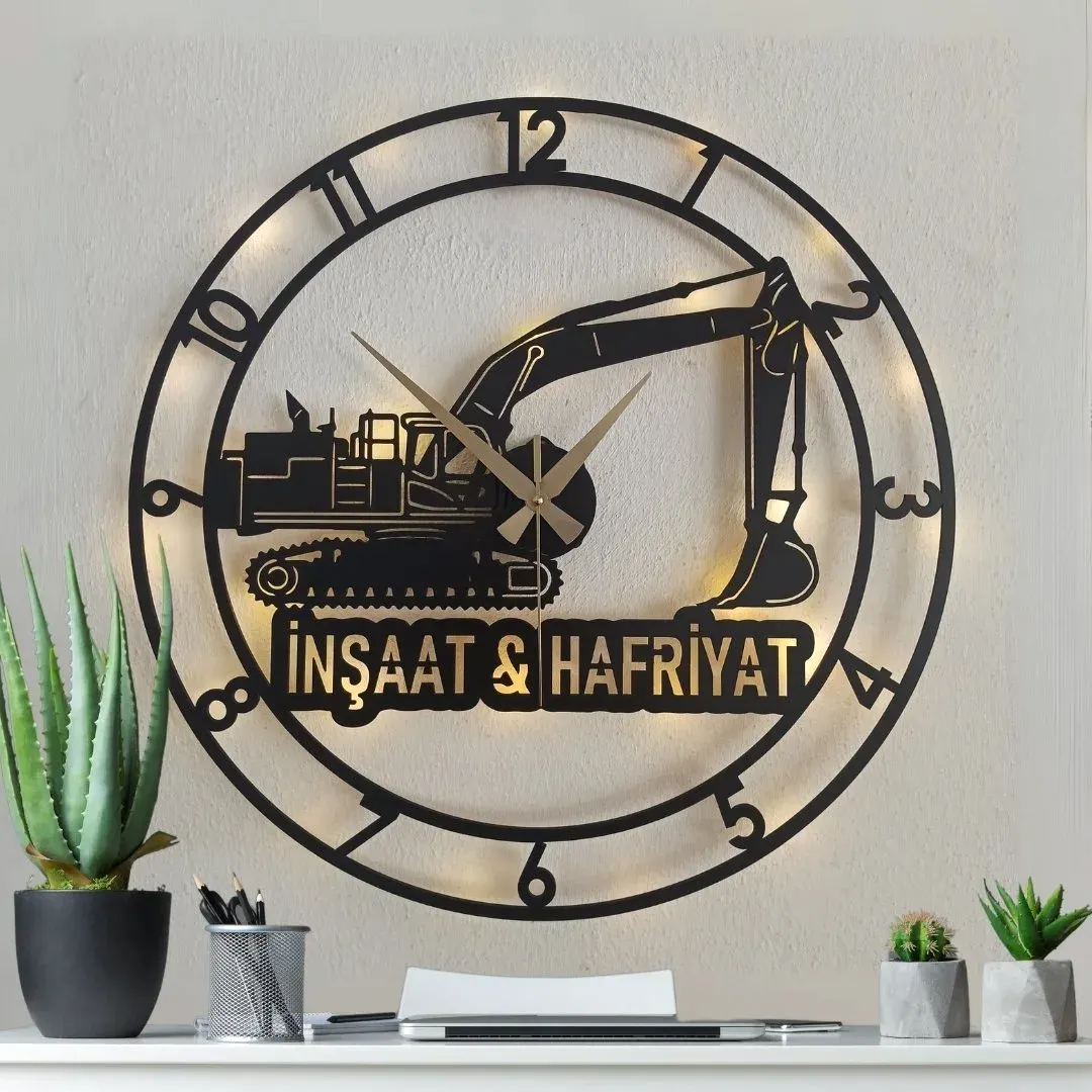 İş makinesi figürlü LED ışıklı dekoratif duvar saati ev dekorasyonu
