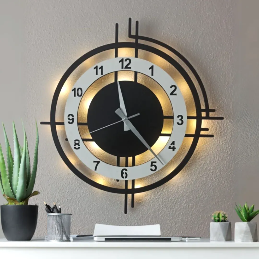 Beyaz Çember Tasarımlı LED Işıklı Modern Şık Ev Duvar Saati - Görsel 1