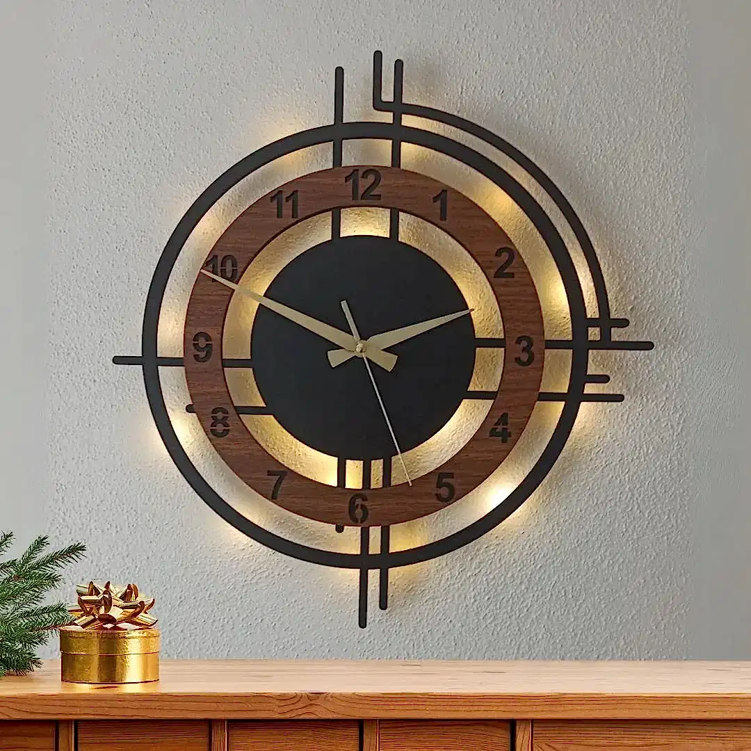 Ceviz Renkli Çember Tasarımlı LED Modern Şık Ev Duvar Saati - Görsel 1