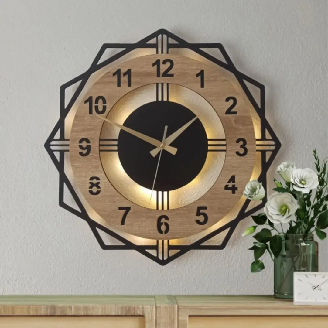 Sonoma Geometrik Tasarımlı LED Işıklı Modern Şık Ev Duvar Saati - Görsel 1