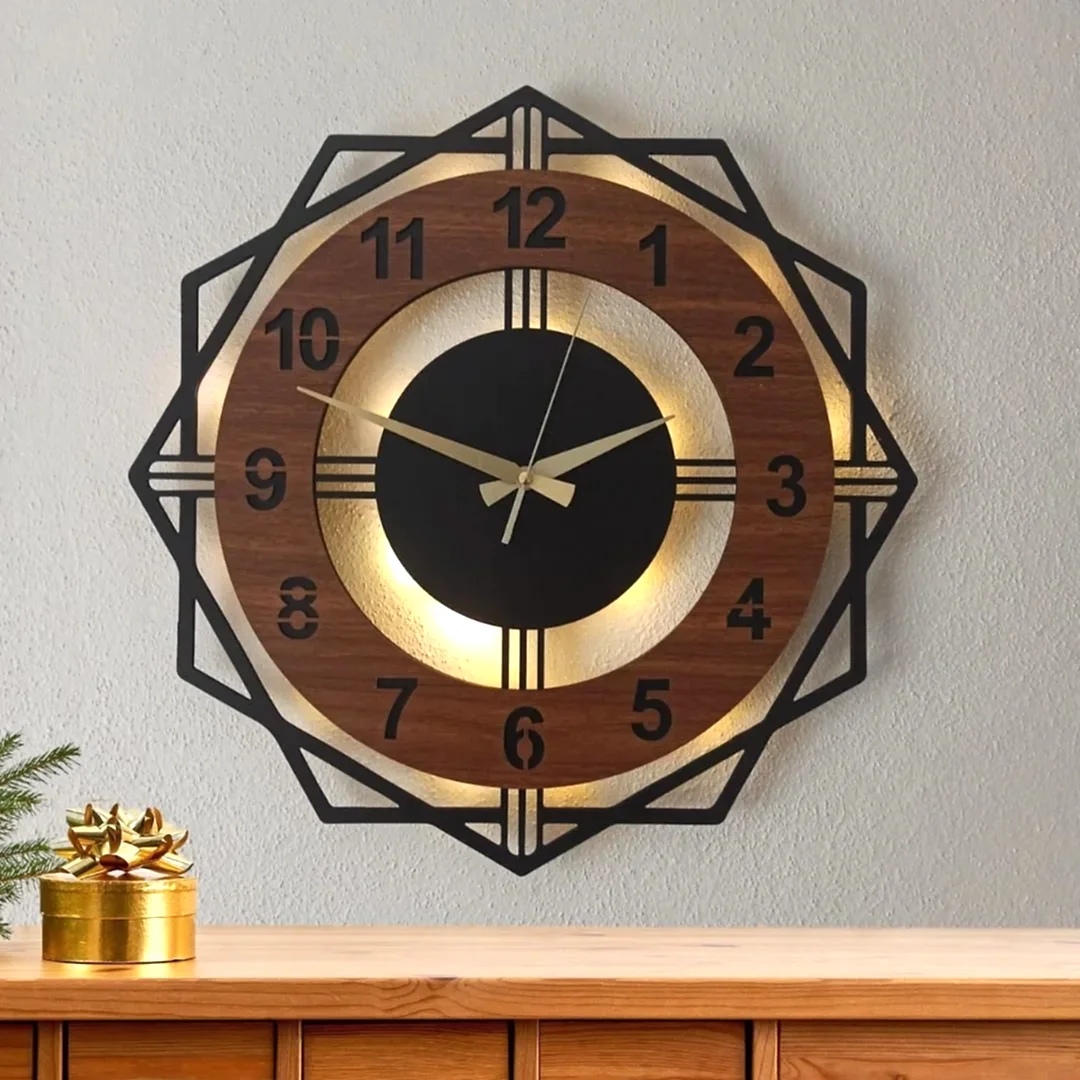 Ceviz Renkli Geometrik LED Işıklı Modern Şık Ev Duvar Saati - Görsel 1