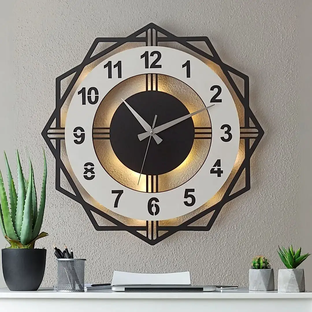 Beyaz Geometrik Tasarımlı LED Işıklı Modern Şık Ev Duvar Saati - Görsel 1