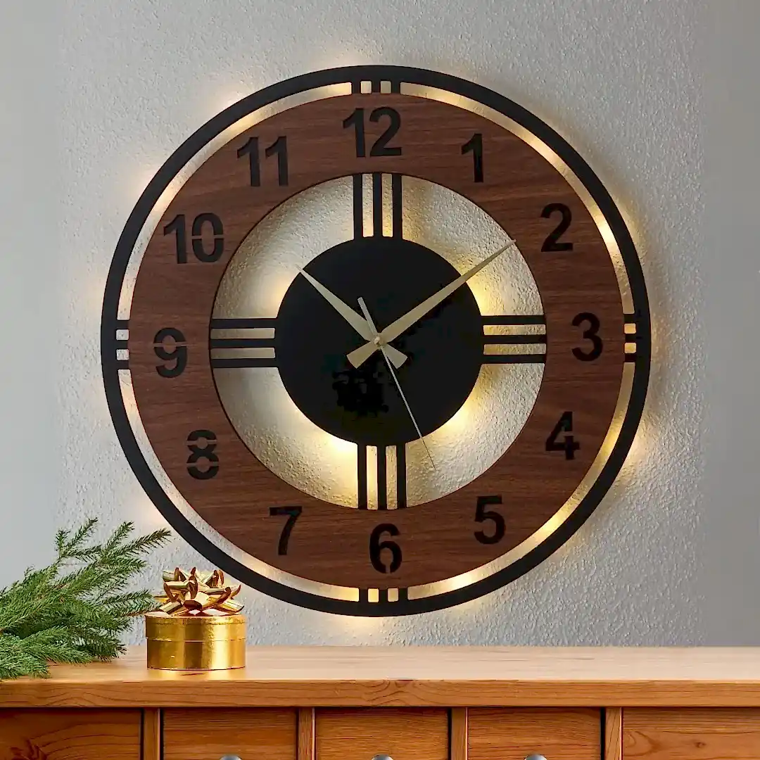 Ahşap Desenli LED Işıklı Modern Şık Ev Duvar Saati - Görsel 1