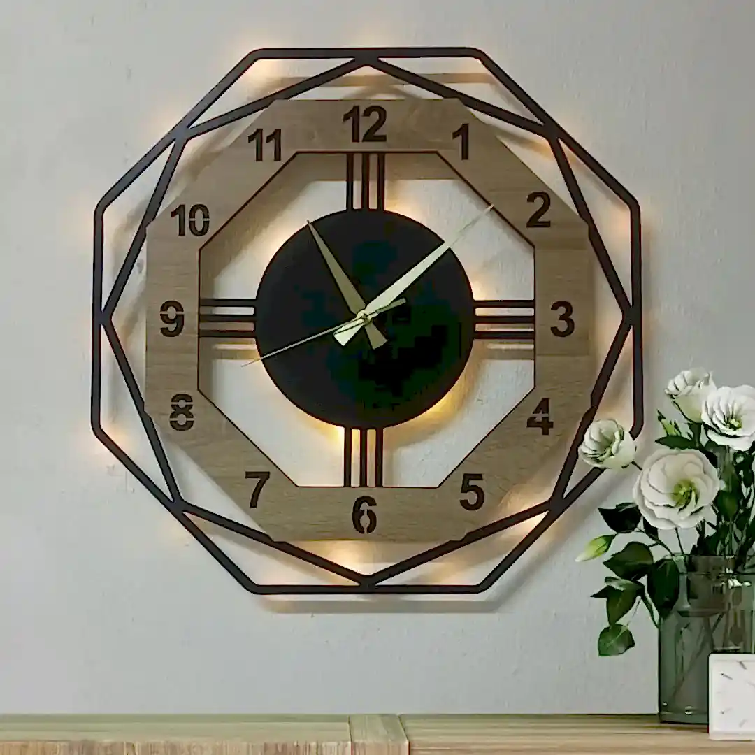 Sekizgen Sonoma Tasarımlı LED Işıklı Modern Şık Ev Duvar Saati - Görsel 1