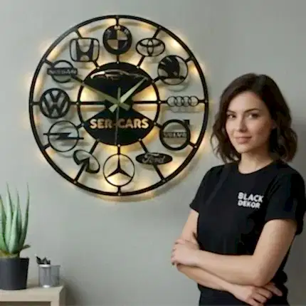 Araba markaları logolu LED ışıklı dekoratif duvar saati modeli