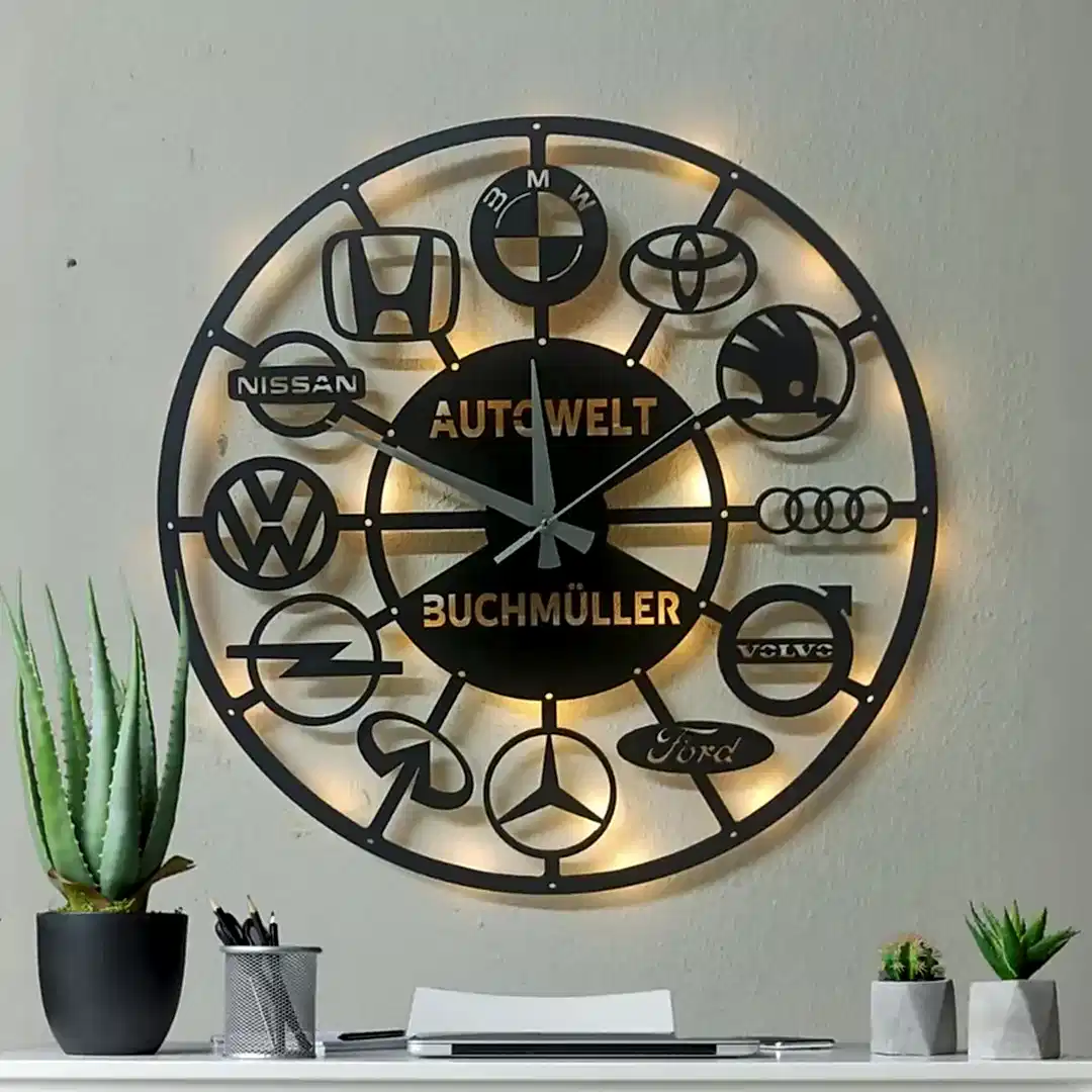 Araba Markaları Tasarımlı İsim Yazılabilir Oto Galeri Duvar Saati - Görsel 3