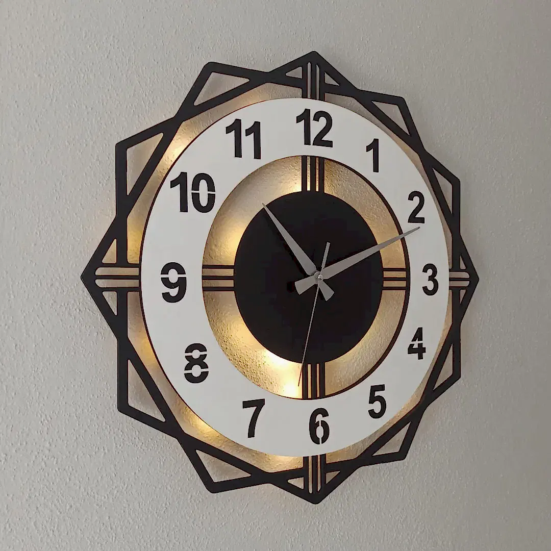 Beyaz Geometrik Tasarımlı LED Işıklı Modern Şık Ev Duvar Saati - Görsel 2