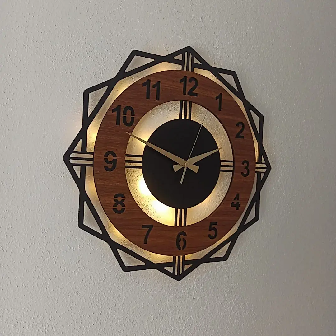 Ceviz Renkli Geometrik LED Işıklı Modern Şık Ev Duvar Saati - Görsel 2