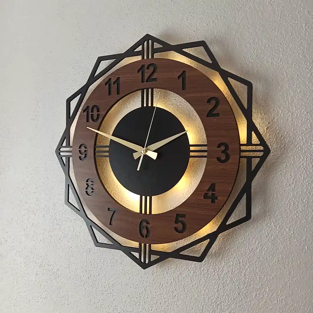 Ceviz Renkli Geometrik LED Işıklı Modern Şık Ev Duvar Saati - Görsel 3