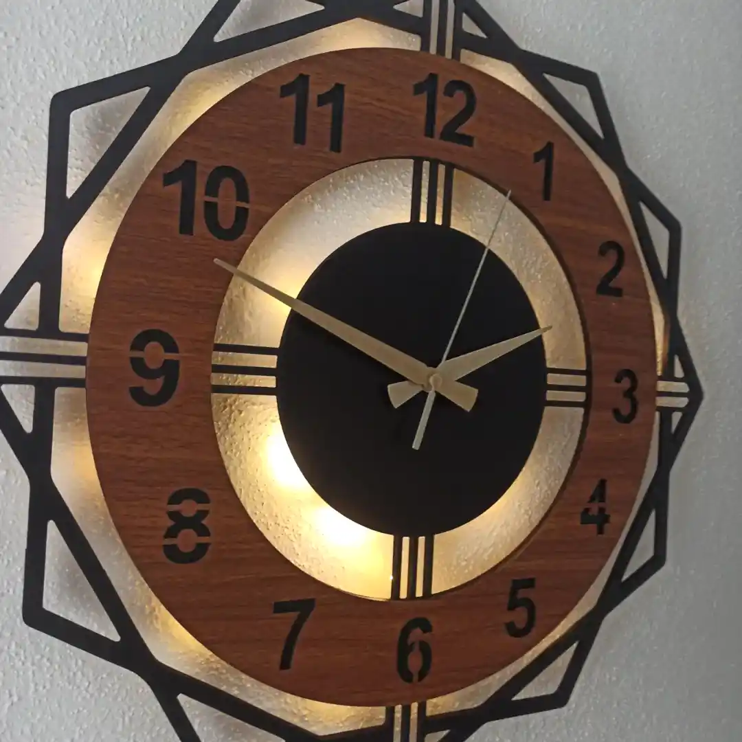 Ceviz Renkli Geometrik LED Işıklı Modern Şık Ev Duvar Saati - Görsel 4