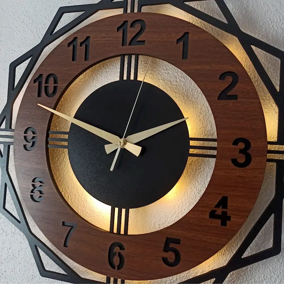 Ceviz Renkli Geometrik LED Işıklı Modern Şık Ev Duvar Saati - Görsel 6