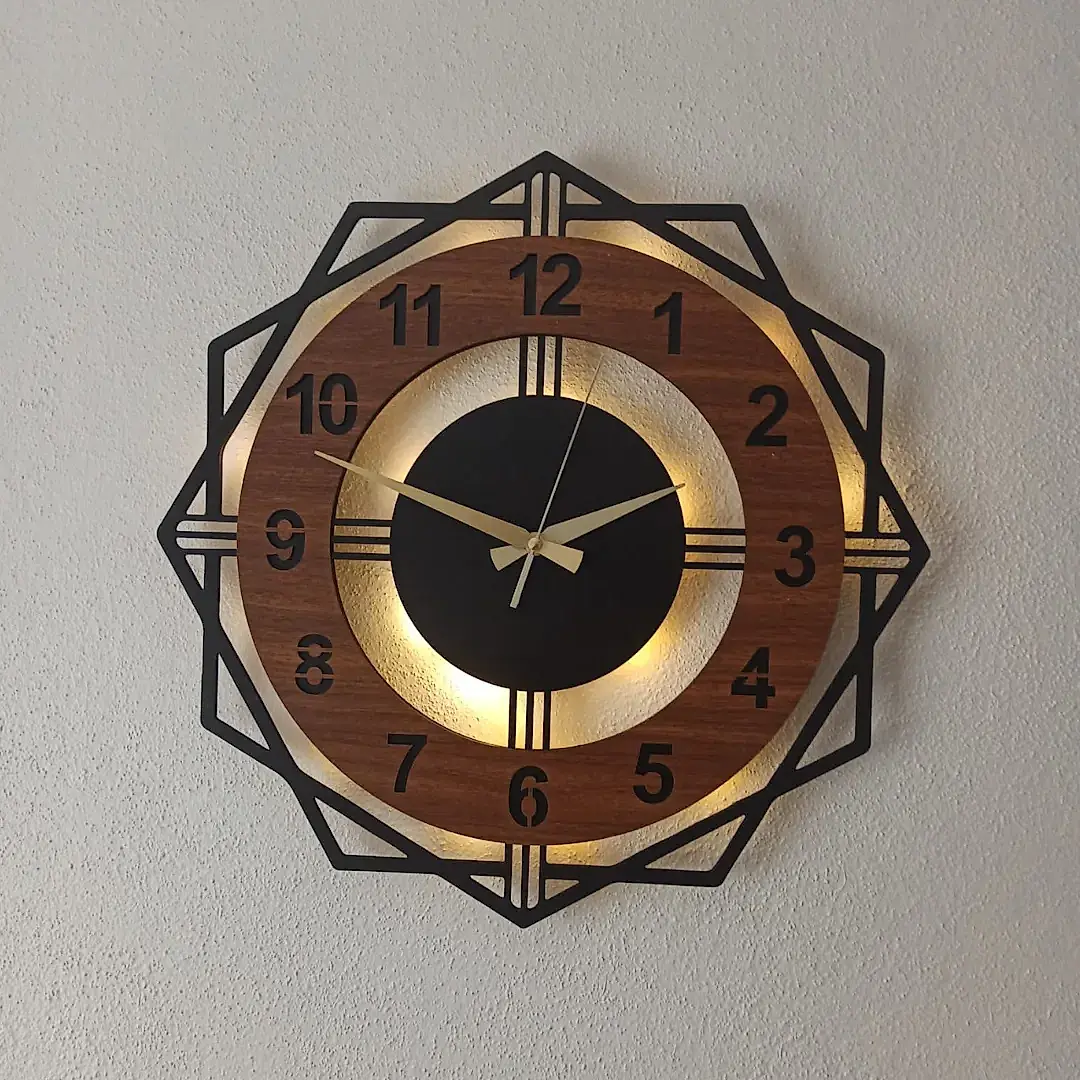 Ceviz Renkli Geometrik LED Işıklı Modern Şık Ev Duvar Saati - Görsel 5