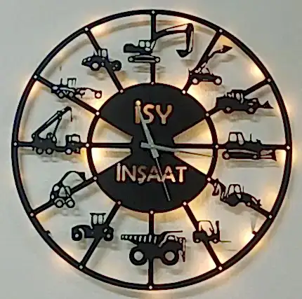 İş makineleri temalı isimli LED ışıklı dekoratif duvar saati