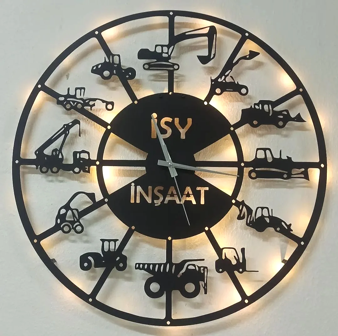 İş makineleri temalı isimli LED ışıklı dekoratif duvar saati