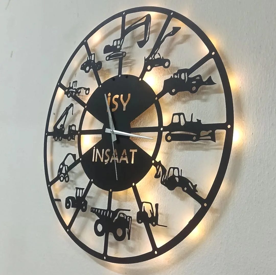 İş makineleri temalı isimli LED ışıklı dekoratif duvar saati