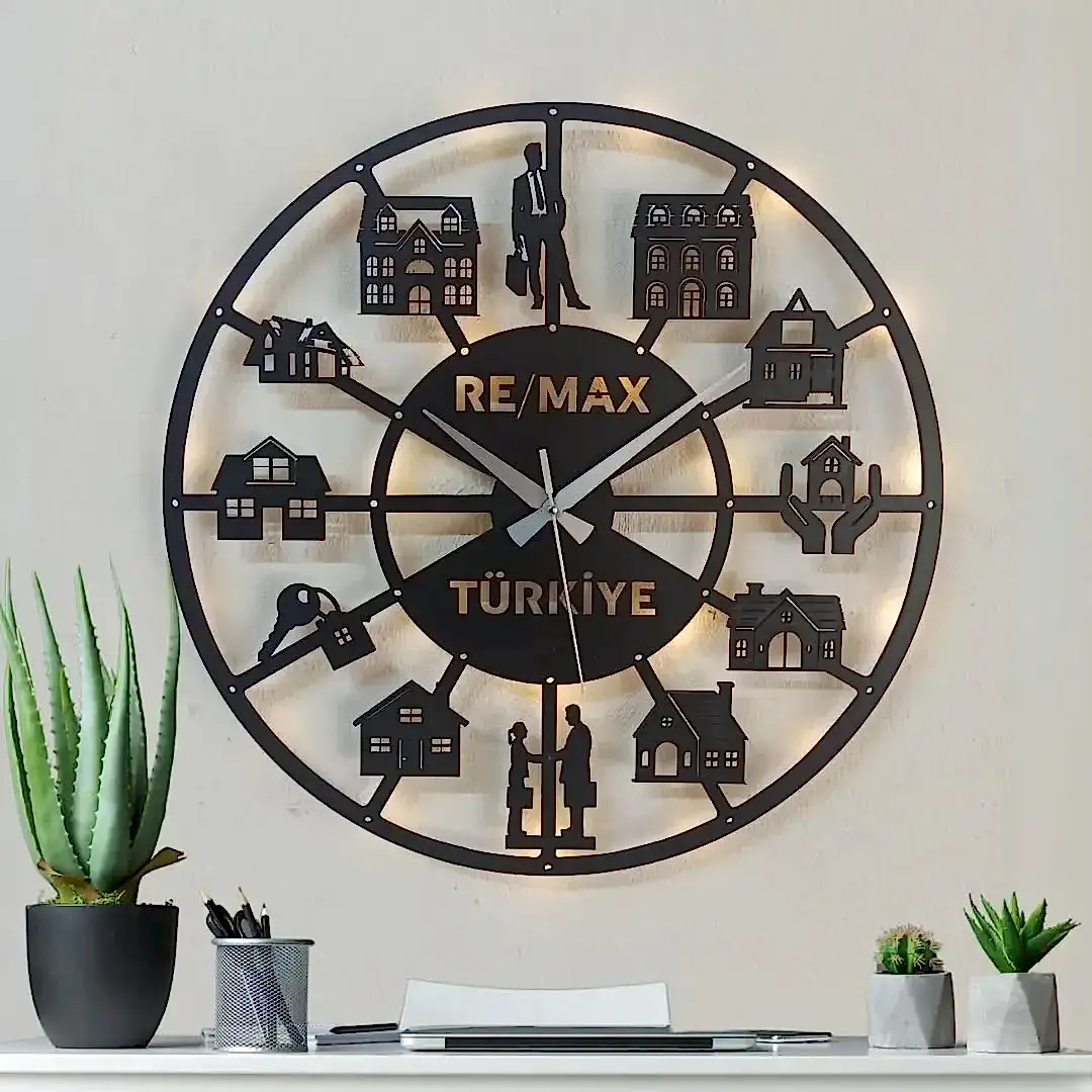 Gayrimenkul ve emlakçılar için isimli LED ışıklı dekoratif duvar saati