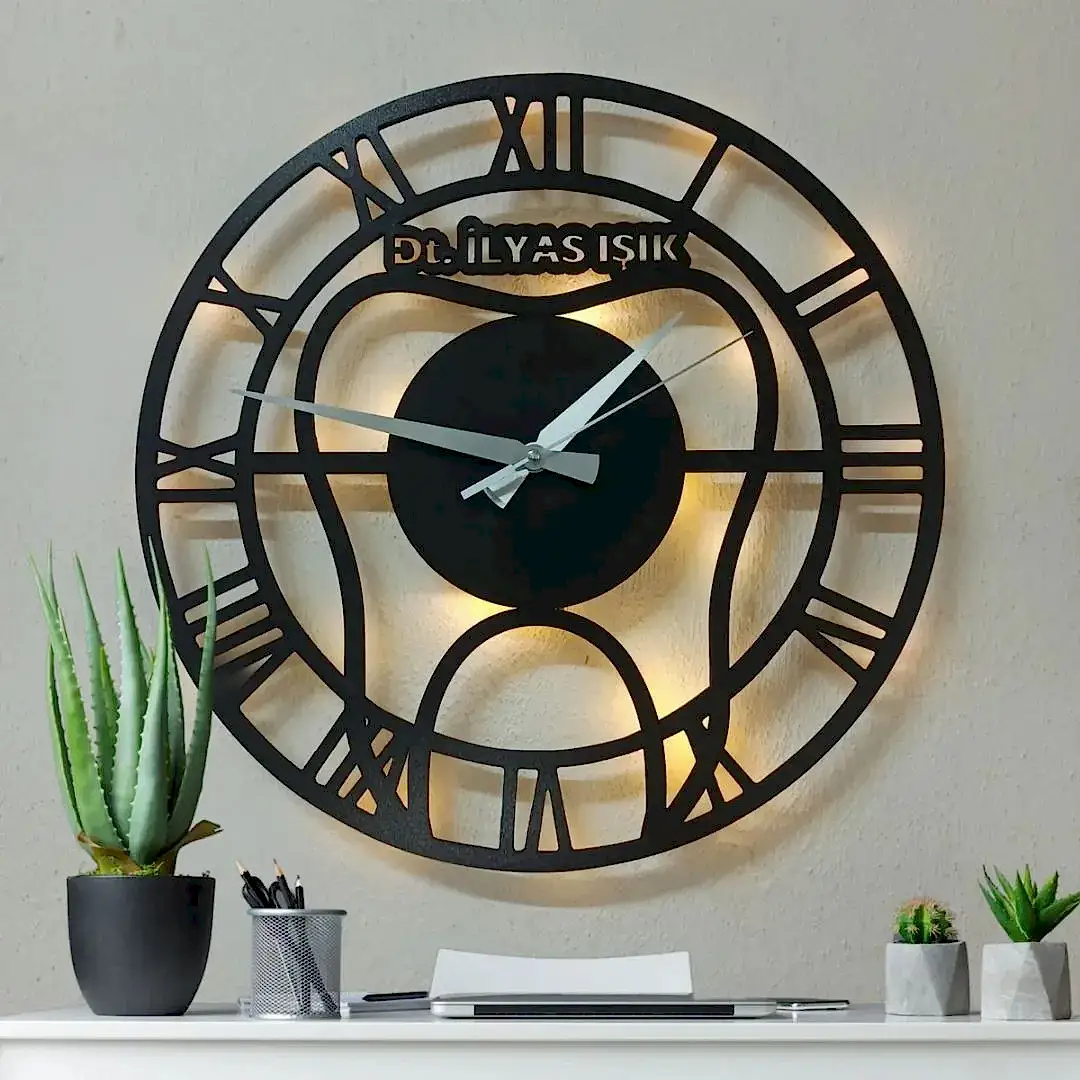 Diş doktorlarına özel isimli LED ışıklı dekoratif duvar saati