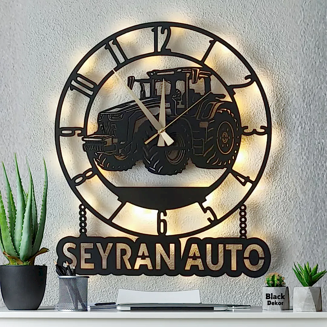 Traktör figürlü LED ışıklı dekoratif duvar saati tasarımı