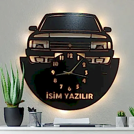 Tofaş temalı LED ışıklı isim yazılabilir dekoratif duvar saati tasarımı