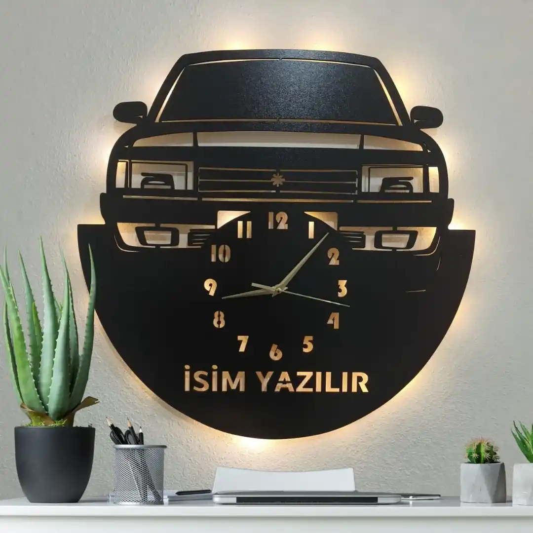 Tofaş temalı LED ışıklı isim yazılabilir dekoratif duvar saati tasarımı