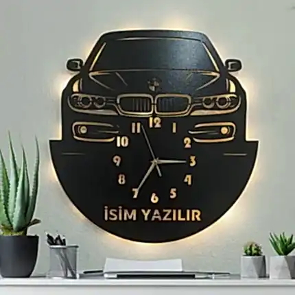 BMW tasarımlı LED ışıklı isim yazılabilir dekoratif duvar saati