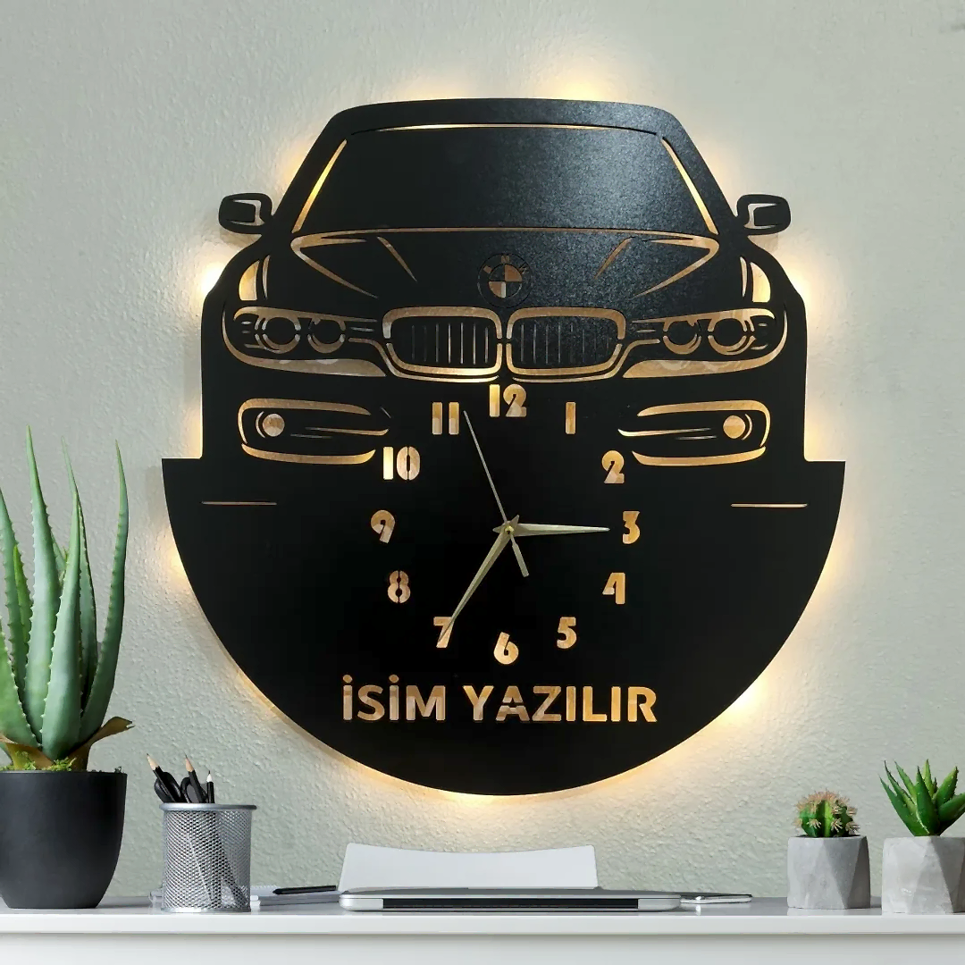 BMW tasarımlı LED ışıklı isim yazılabilir dekoratif duvar saati