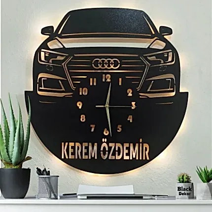 Audi araba temalı MDF ışıklı kişiye özel dekoratif duvar saati
