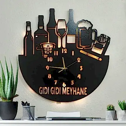 Meyhane temalı LED ışıklı dekoratif duvar saati