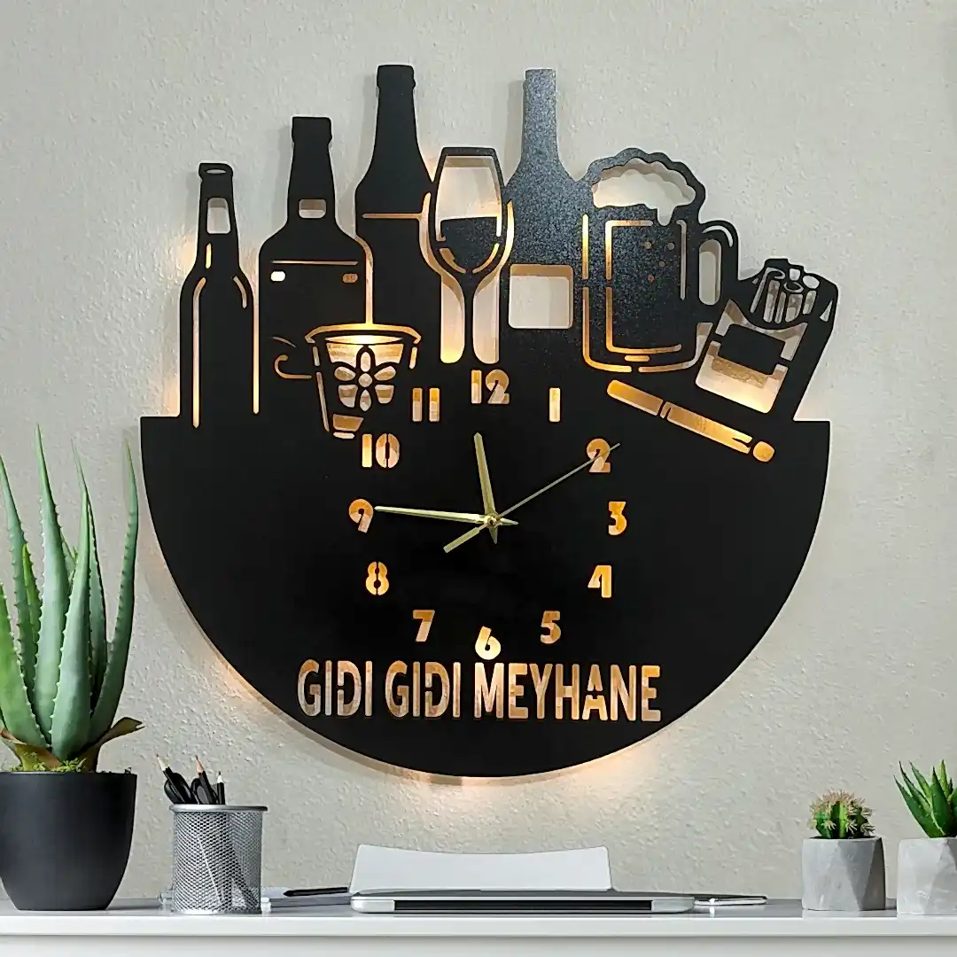 Meyhane temalı LED ışıklı dekoratif duvar saati