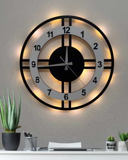 Beyaz çemberli ışıklı modern çift çizgili dekoratif duvar saati