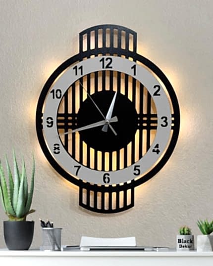 Beyaz çemberli ışıklı modern ızgara desenli dekoratif duvar saati