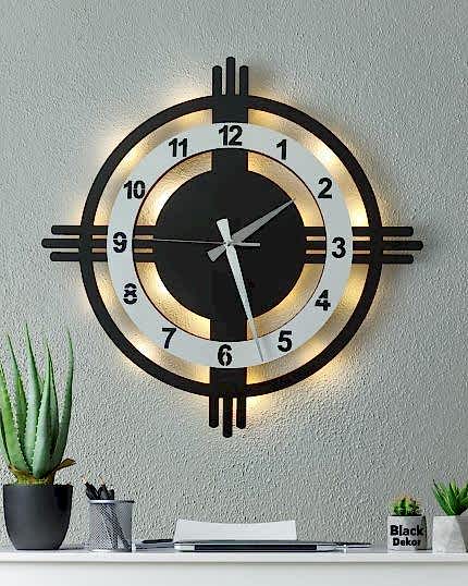 Beyaz çemberli ışıklı modern artı model 3 çizgili 48 cm dekoratif duvar saati